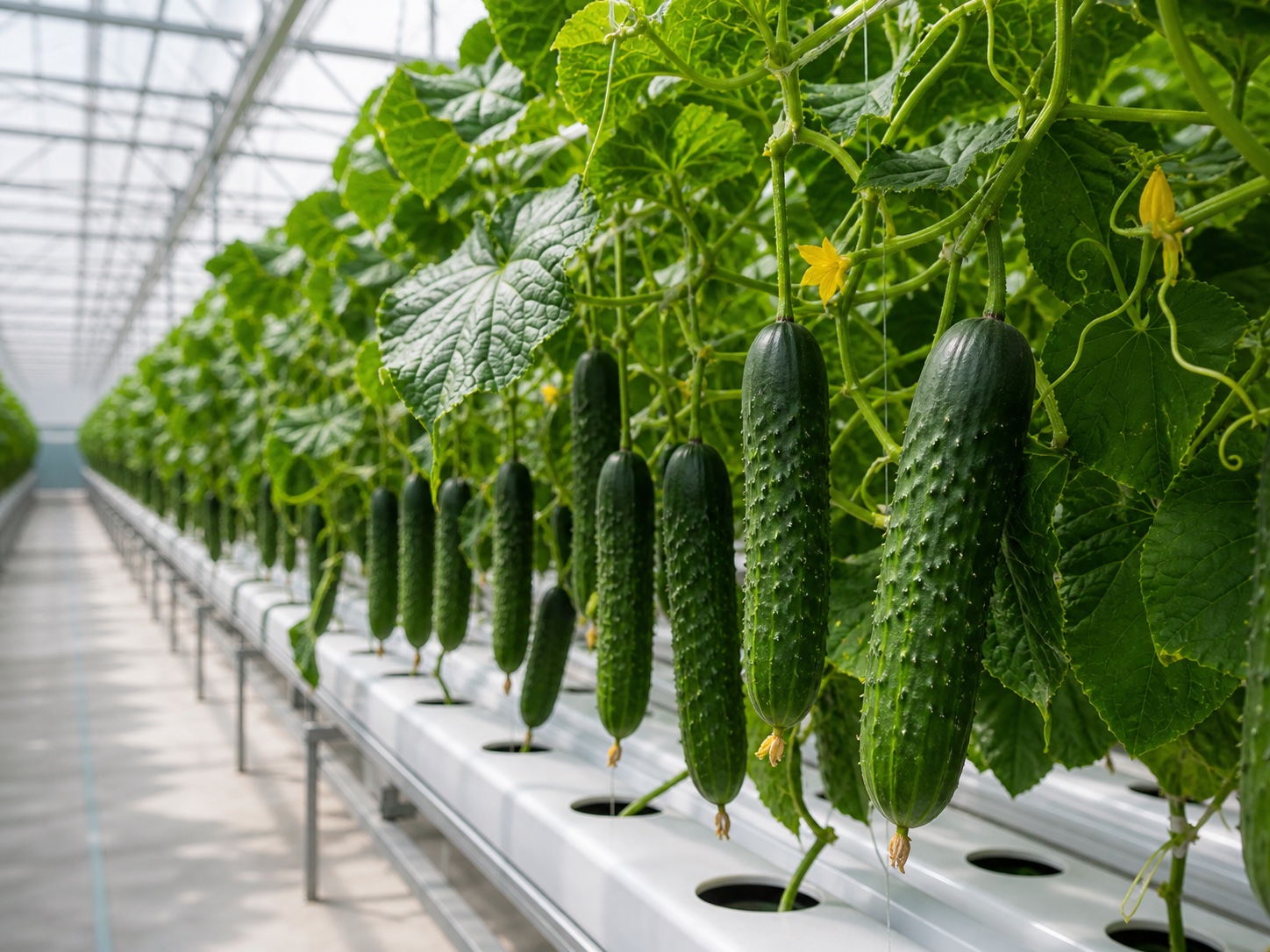 Hydroponic cucumbers growing in a Tsehla-style greenhouse