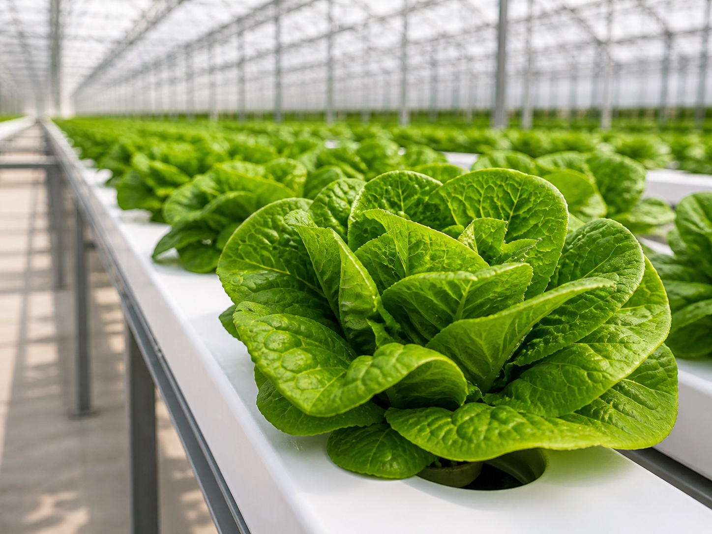 Fresh lettuce growing in clean hydroponic channels
