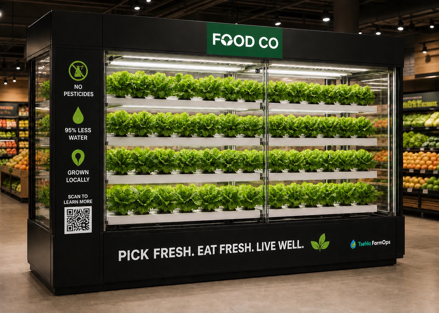 Compact hydroponic nutrient film technique growing pod in a supermarket