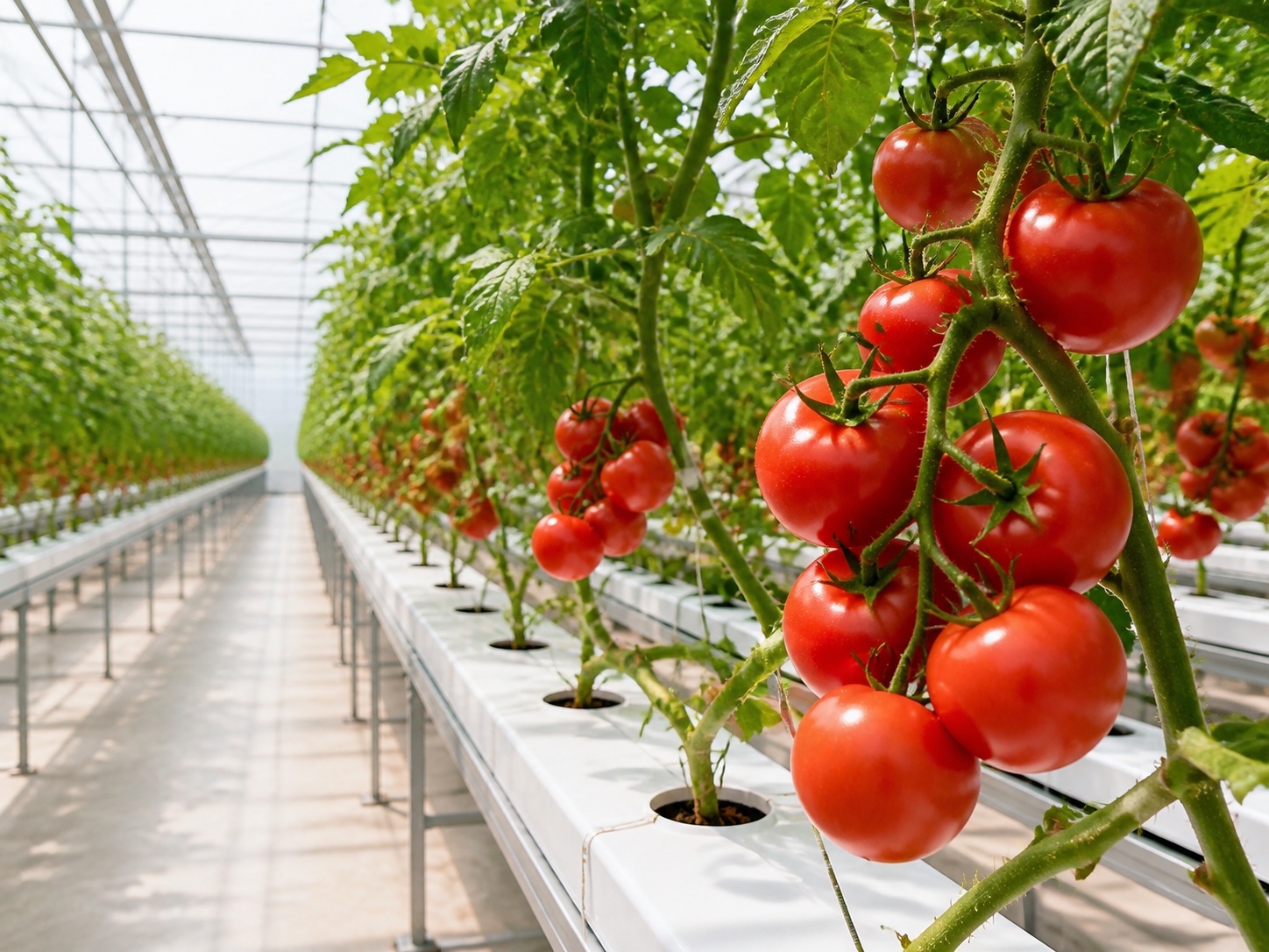 Ripe hydroponic tomatoes growing on vines in a modern greenhouse