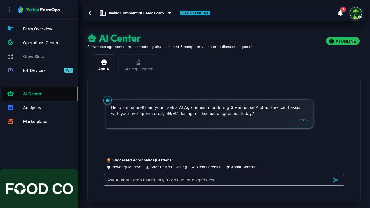 Tsehla Farm AI AI Centre screen