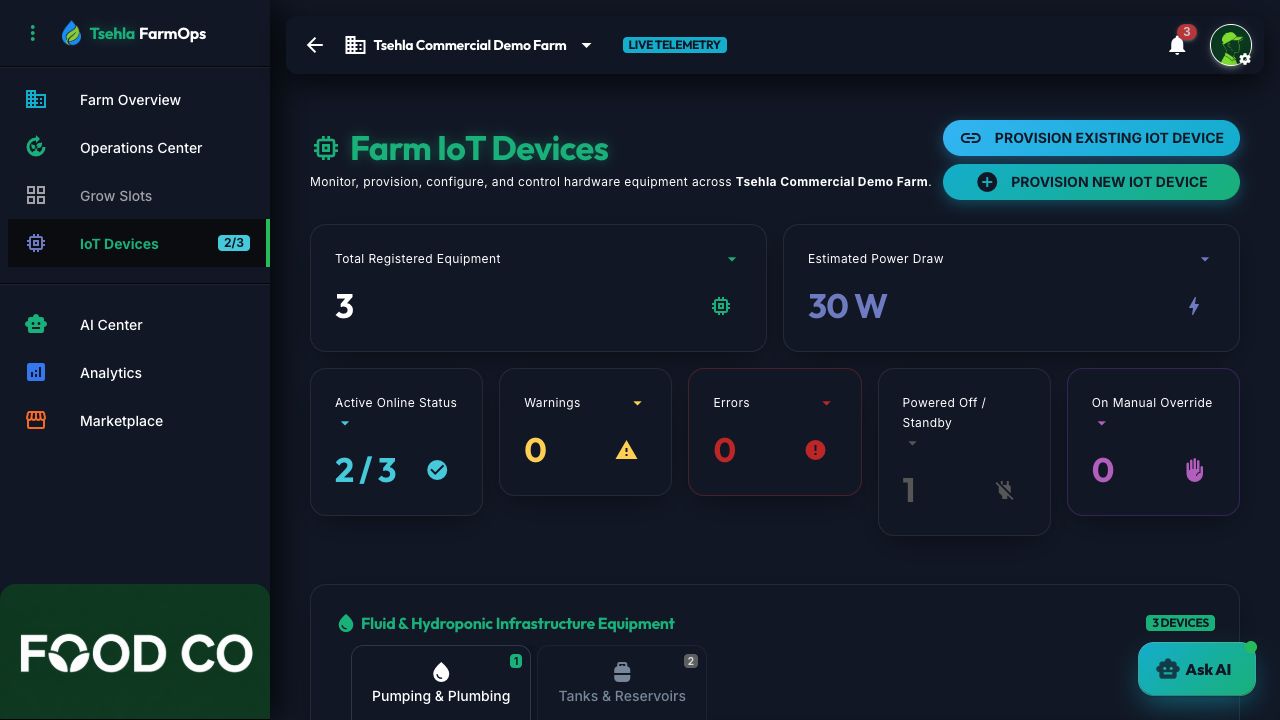 Tsehla Farm AI IoT Devices screen