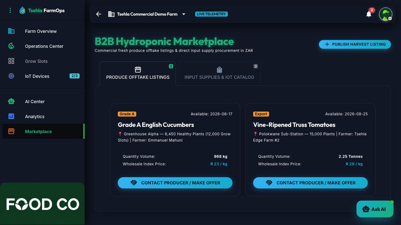 Tsehla Farm AI Marketplace screen